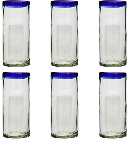 Handgemachtes Hi-Ball Glas - recyceltes Glas - Blauer Rand - Set aus 6 Gläsern