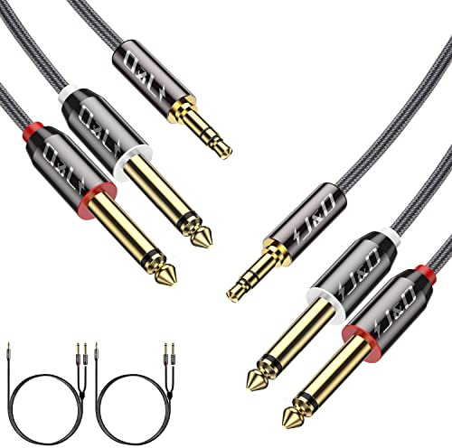 J&D 2-Pack Oro-Placcato 3,5mm (1/8 pollice) TRS Maschio a 2x6,35mm (1/4 pollice) TS Maschio Mono Cavo Splitter con Nylon Treccia per la Maggior Parte dei Telefoni, 1,8 m