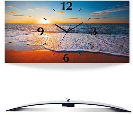 ARTLAND Wanddeko Wanduhr ohne Tickgeräusche Alu Funkuhr 60x30 cm Rechteckig Lautlos Strand Meer Sonnenuntergang Urlaub Sonne Maritim S7LE