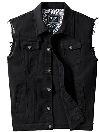 RongYue Denim Vest Jacket for Men Fashion Stretchy Trucker Sleeveless Jean Outerwear, Black, L