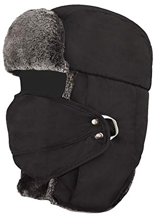 Ommda Wintermütze Ohrenklappen Winddicht Warme Fliegermütze Herren Damen Erwachsene Fellmütze mit Maske Kunstfell Russisch Hut für Outdoor,Schwarz,Freie Größe Kopfumfang: 56-61cm