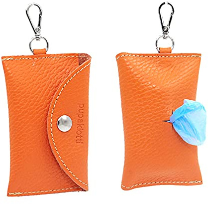 PUPAKIOTTI Basic Pocket Distributeur | Porte-sacs pour chien en cuir véritable | Distributeur de sacs pour selles | Porte-bagages respectueux de l'environnement (Arancion)