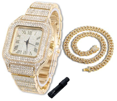 Halukakah Diamanten Gold Uhr Iced Out für Jungen - 18K Echtgold/Platin Platiniert,40mm Quadrat Zifferblatt,Japanisches Quarzwerk - 20cm Länge - Optional mit Cuban Gliederkette,mit Anpassungswerkzeug