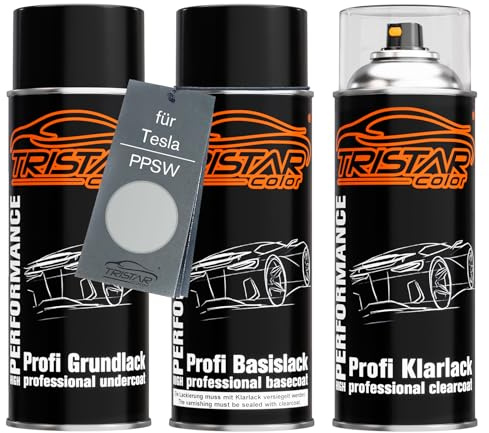 TRISTARcolor Billack Sprayburkset för Tesla PPSW White Water Perl/Shasta Perl White Baslack Klarlack Sprayburk 400ml