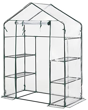 [en.casa] Gewächshaus Hoorn Tomatengewächshaus 140 x 73 x 195 cm Foliengewächshaus mit Ablagen Satteldach Treibhaus mit aufrollbarer Tür Stahlrahmen Transparent