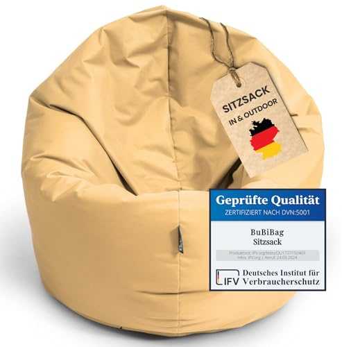 BuBiBag 2in1 Sitzsack L - XXL mit Füllung für Kinder & Erwachsene, Gaming Beanbag & Bodenkissen für Indoor & Outdoor Sessel Pflegeleicht & Wasserabweisend XL UNIVERSELL (Ø 130 cm Beige)