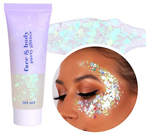 Body Glitter Gel,Glitzer Make up für Gesicht,Chunky Glitter Gel,Festival Glitter,Körper und Haare,für Gesicht Haare Lippen Festival Masquerade Birthday Makeup Long Lasting Sparkling,50 ml(#06 Weiß)