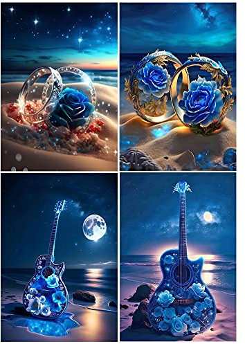 3D Ai Diamond Painting Valentinstag 30x40 cm 4er Set DIY Diamond Painting Ringe Rosen Diamant Painting Bilder Gitarre Malen nach Zahlen Strand und Meer Landschaft Diamant Malerei Stickerei Kreuzstich