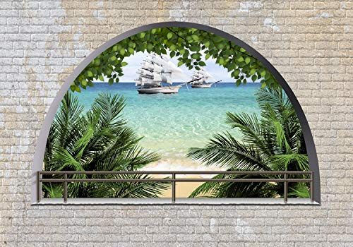 wandmotiv24 Fototapete Ziegelmauer Meer Palmen, 300 x 210 cm - selbstklebende Strukturtapete, Wanddeko, Wandbild, Wandtapete, Strand, Karibik, Mauer M1270