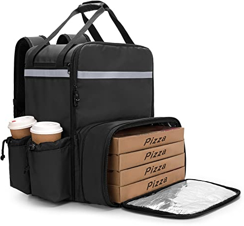 Trunab Expandable Food Delivery Backpack with 4 Cups Holder, 14” Pizza Delivery Bag with Support Boards, Insulated Delivery Bag with Reflective Strip for Bike Delivery, Uber Eats (Patented Design)