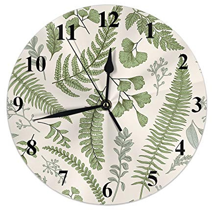 FJAUOQ Orologio da parete rotondo con foglie, foglie verdi e motivo a felce Orologio da parete rotondo silenzioso Decorativo da parete per la camera da letto Ufficio Scolastico Art(10)