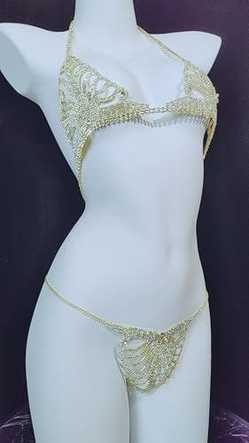 RWRAPS Frau Sexy Brust Kette mit Strass und Fransen - Höschen BH Kette, Kristall Bikini Dessous (Golden)