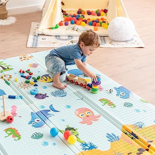 ATAA Alfombra de Juegos Reversible Grosor 1.5cm Colchoneta Infantil Plegable, 180 X 200 cm, Colchoneta de Juegos Plegable, Impermeable, No tóxico, Color: (Skyfish)
