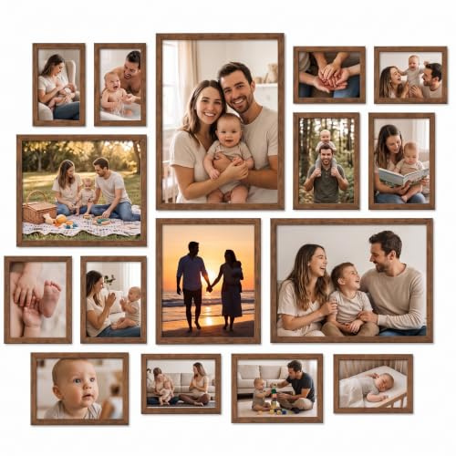 Giftgarden Confezione da 16 cornici marroni per foto di varie dimensioni, set assortito tra cui due 28 x 35 cm, due da 20 x 25 cm, sei da 12 x 18 cm, sei da 10 x 15 cm, da parete o da tavolo