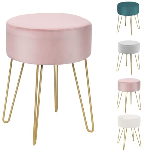 HOMASIS runder Hocker für Schminktisch, Sitzhocker aus Samt, Kleiner Fußhocker mit goldenen Metallbeinen, eleganter Polsterhocker, Schminkhocker für Wohnzimmer Schlafzimmer, 34 x 46 cm (Rosa)