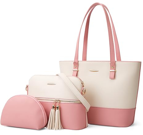 DORRISO Set Borse Donna 3 Pezzi, Shopper Elegante in PU con Borsa Tracolla e Beauty Case, Borsa Grande per Lavoro, Shopping, Viaggio e Uso Quotidiano Bianco con Rosa