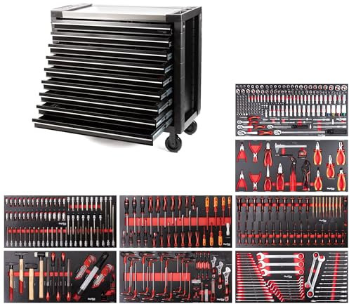Mephisto Pro-Line Werkzeugwagen Werkstattwagen 'Big Black' gefüllt mit 9 Schubfächer inkl. Werkzeug wie VDE Schraubendreher, Ratsche mit Nusskasten, Schraubendreher-Set in Soft Inlays in Carbon Lock