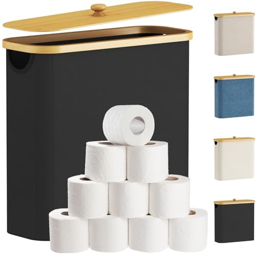 Lifewit Rangement Papier Toilette, Réserves à Rouleaux de Panier Papier Toilette WC avec Bambou Couvercle, Boite Rangement Salle de Bain, Accessoires WC, Panier Rangement Tissu, 30L, Noir