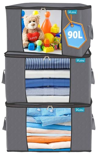 KURNI Storage Bags Clothes Organizer 3 Pack Grey, Large Moving Boxes With Top Lid 90L Capacity, 3 Sided Zipper Storage Box. Dust/Mites & Moisture Proof 60 x 43 x 35cm