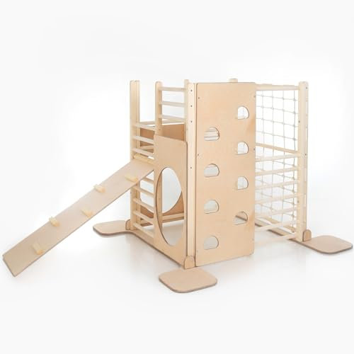 HomeForDreams Holz Montessori-Inspirierter Quadratischer Kletterturm für Kleinkinde: Faltbarer Indoor-Spielplatz mit Zubehörbrettern (Naturholz, Mit Kletterbrett)