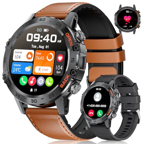 FOXBOX Smart Watch for Men, 1.39 Military Smartwatch with SpO2, Sleep Monitor, 24H Heart Rate, Tactical Fitness Watch, 100+ Sports, IP67 Waterproof, Make/Answer Call, 400 mAh, 300+ Watch Face, Brown