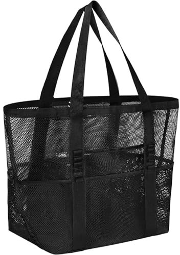 Blue Eyes Strandtasche Familie mit Reißverschluss, Extra Große Reisetasche Strandtasche Damen, Mesh Beach Bag Shopper Faltbare Schultertaschen Badetasche mit Kosmetiktasche, Schwarz