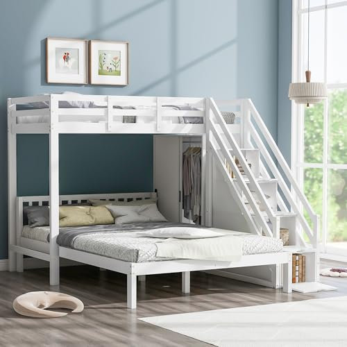 MYBOO Letto a Castello Letto per Bambini 90x200&140x200, Letto a Soppalco con Guardaroba&Scala con Contenitore, Letto multifunzione in Legno con Rete a Doghe&Protezione anticaduta, Massello, Bianco