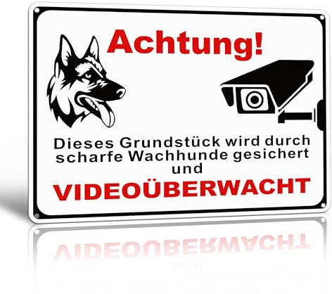 TAKULA Hier wache ich Hund Schild 25x18cm Warnung Hund & Videoüberwachung | Hochwertiges Aluminiumschild. Kombinierte Warnung: Hunde + Videoüberwachung. Selbstklebend. Für Haus, Hof & Gewerbe geeignet