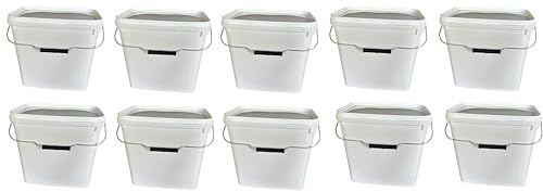 Silplast 10x 10 Liter Eimer rechteckig mit Deckel weiß 10 Stück stapelbarer Milch-/Vorratseimer mit Metallgriff Honigeimer Kunststoffeimer Lebensmittelfreigabe Behälter Leereimer Wassereimer