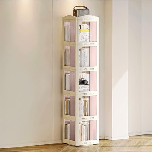 EFGETD 5 Stufe 360 ° Drehbares Bücherregal, Faltbar Standregal Staubdicht Großes Lagerregal ABS Multifunktionales Bücherregal für Wohnzimmer, Schlafzimmer(Weiß,5th Floor)