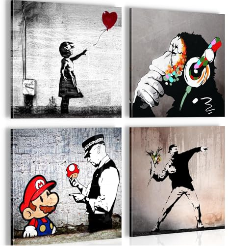 Novart Bilder Set Banksy Style - KOMPLETT AUFHÄNGFERTIG - Grau Bunt Wohnzimmer Schlafzimmer Flur - 4 Moderne Wandbilder 30x30 cm - N037044a