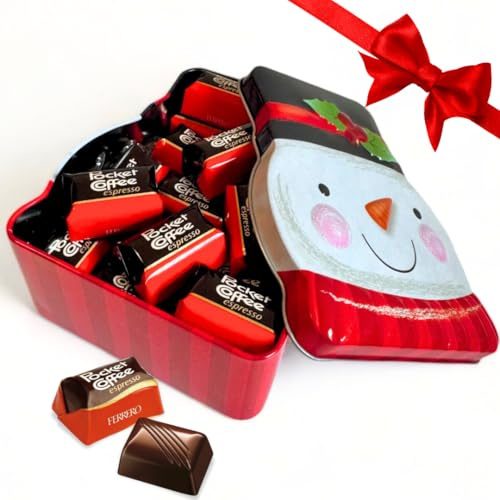 Regalo di Natale 2024 - Scatola in Latta Pupazzo di Neve 13Cm + 18 Cioccolatini Pocket Coffe + Biglietto Natalizio + Omaggio (Mini, Pocket Coffe - Cioccolatini Caffè)