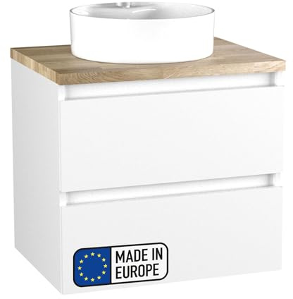 BadeDu Gers Badmöbel Set – 3-teiliges Set mit Aufsatzwaschbecken, Waschbeckenunterschrank & Waschtischplatte – Weiß Glanz, 60 cm Breit, Soft-Close-System
