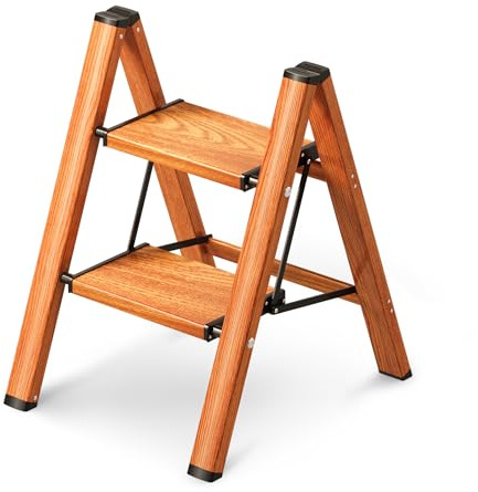 GameGem 2 Step Ladder, Foldable Step Stool with Anti-Slip Wide Pedal | Aluminum Step Ladder, Lightweight yet Sturdy, Non Slip Feet, 150KG Load, Indoor Outdoor Use, Woodgrain