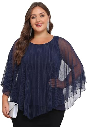 LapaPlus Übergrößen Damen Glänzender Silber Bluse für Abend Hochzeit Cape-Ärmel Oberteile Doppelschicht Netz Tunike Tops