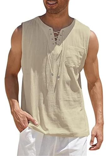 Oheyeseker Men's Linen Vests Summer Casual Sleeveless Shirts Lace Up Beach Hippie Vest Tops Bohemian Tunic Tank Top(Khaki,L)