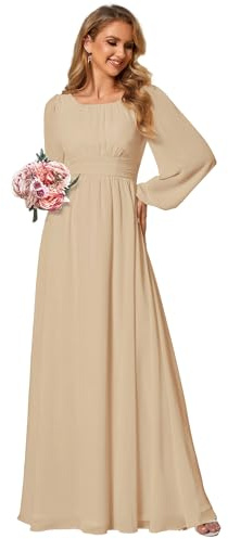 Ever-Pretty Damen Ballkleider Lange Ärmel Chiffon Rundkragen Ärmellos Elegant ES0106B | Rundhalsausschnitt, bodenlang, A-Linie, gesmokte Taille, Brautmutterkleider, Brautjungfernkleid, Abendkleid