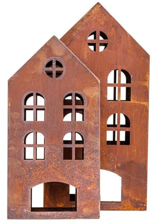 Der-Porzellan-Laden Windlicht Haus aus robustem Metall in Edelrost, dekorierbar und beleuchtbar, ideales Deko-Highlight für Garten & Innenbereich, (1 Stück), ca. 20 x 10 x 45 cm