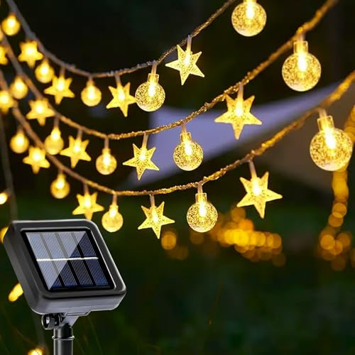 COZII Solar Garden Lights Outdoor, 60LED 10M/33FT Solar String Lights with IP65 Waterproof, 8 Modes Lighting, Crystal Ball and Stars Fairy Lights for Garden, Yard, Home, Patio, Christmas(Warm White)