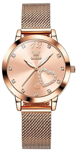 OLEVS Montre Ultra Fine pour Femme - Bracelet en Maille d'acier Inoxydable - Montre à Quartz étanche pour Femme - Montre avec Date, Cadran Rose 5189/bracelet en Or Rose, Standard