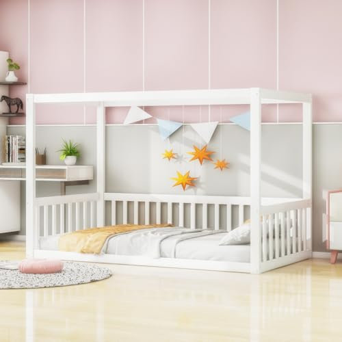 Zubaliya Himmelbett für Kinder 90 x 200 cm, Bodenbett für Kinder und Jugendliche, Bettrahmen aus Massivholz, Weiß (ohne Matratze)