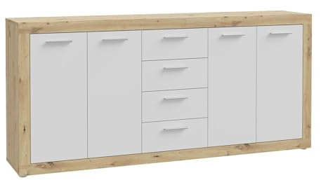 Forte BACCIO Kommode 200, modernes Sideboard mit 4 Schubladen und Türen, Holzwerkstoff, Artisan Eiche Holzdekor | Weiß, 197,1 cm breit x 91,9 cm hoch x 41 cm tief