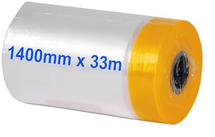 HAUSONE Masker – Abdeckfolie für Maler - Abmessung : 1400 mm x 33 m | Selbstklebende Malerfolie zum Abdecken & Malerband zum Staubschutz und Fenster abkleben, UV-beständig