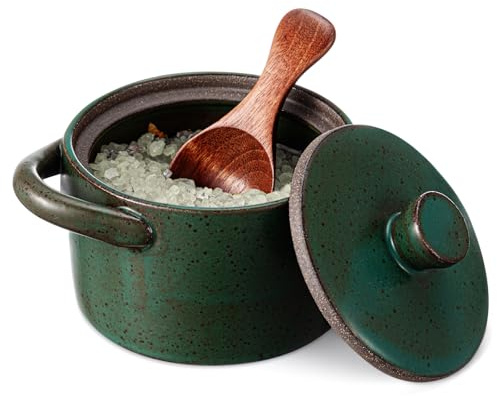 Honeydak 1 Set Speckled Ceramic Salt Cellar with Lid and Wooden Spoon, Rustic Farmhouse Salt Pepper Cellar Holder for Mothers Day, Housewarming Gift, Heavyweight Spices Jar (Green)