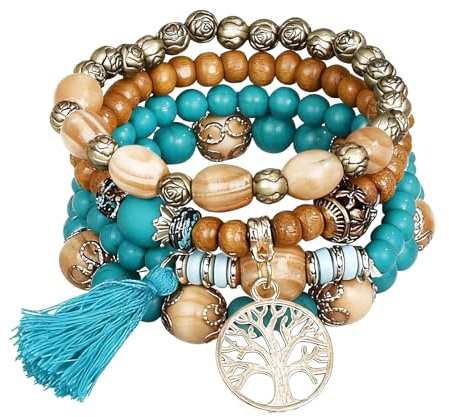 GodtKowty Lot de 4 bracelets bohème multicouches en perles de bois, avec pendentif arbre de vie et pompons bleus paon, élastiques et extensibles pour femme, pour un usage quotidien et pour offrir en