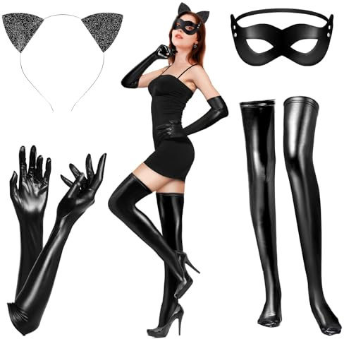 Costume Gatto Nero Donna 4 Pezzi Copricapo Maschera Guanti Calza Costume da Gatto per Donna per Halloween Festa, Carnevale Festa, Feste Cosplay, Mascherata