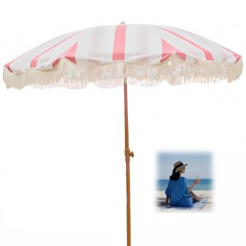 QUSYZD Parasol de Plage à Franges, Parasol de terrasse extérieur, Grand Parasol, Parasol de Plage Pliable et étanche, Rose - 200 cm (6,5 pi),Pink-200cm(6.5ft)