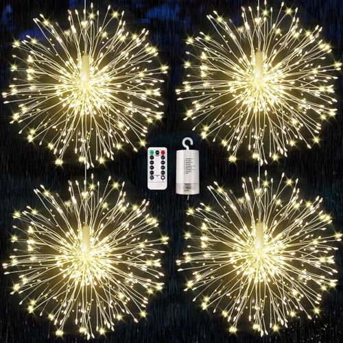 KIKILIVE Paquete de 4 luces de fuegos artificiales para exteriores para Navidad, luces LED de fuegos artificiales impermeables con 8 modos de control remoto