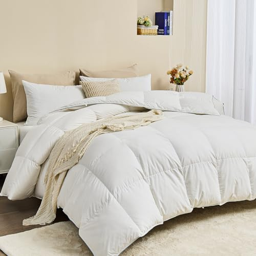 Oaken-Cat Luxury Goose Down Feather Fiber Comforter King Size - Ultra-Soft Egyptian Cotton Blend Cover, Fluffy High Fill-Power All Season Hotel Duvet Insert(106x90 inch, White)