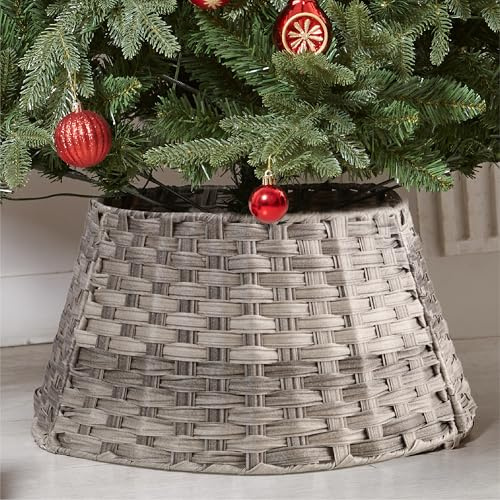 Grey Wicker Christmas Tree Skirt Base Basket Christmas Tree Collar Xmas Basket Cover Decor Perfect for Indoor Home & Office Floor Use Ideal for Trees 7ft and Below Diameter 50cm